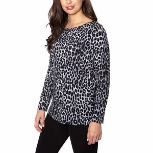 Mario Serrani Crew Neck Long Sleeve Tunic Top Gray Leopard Print Large
